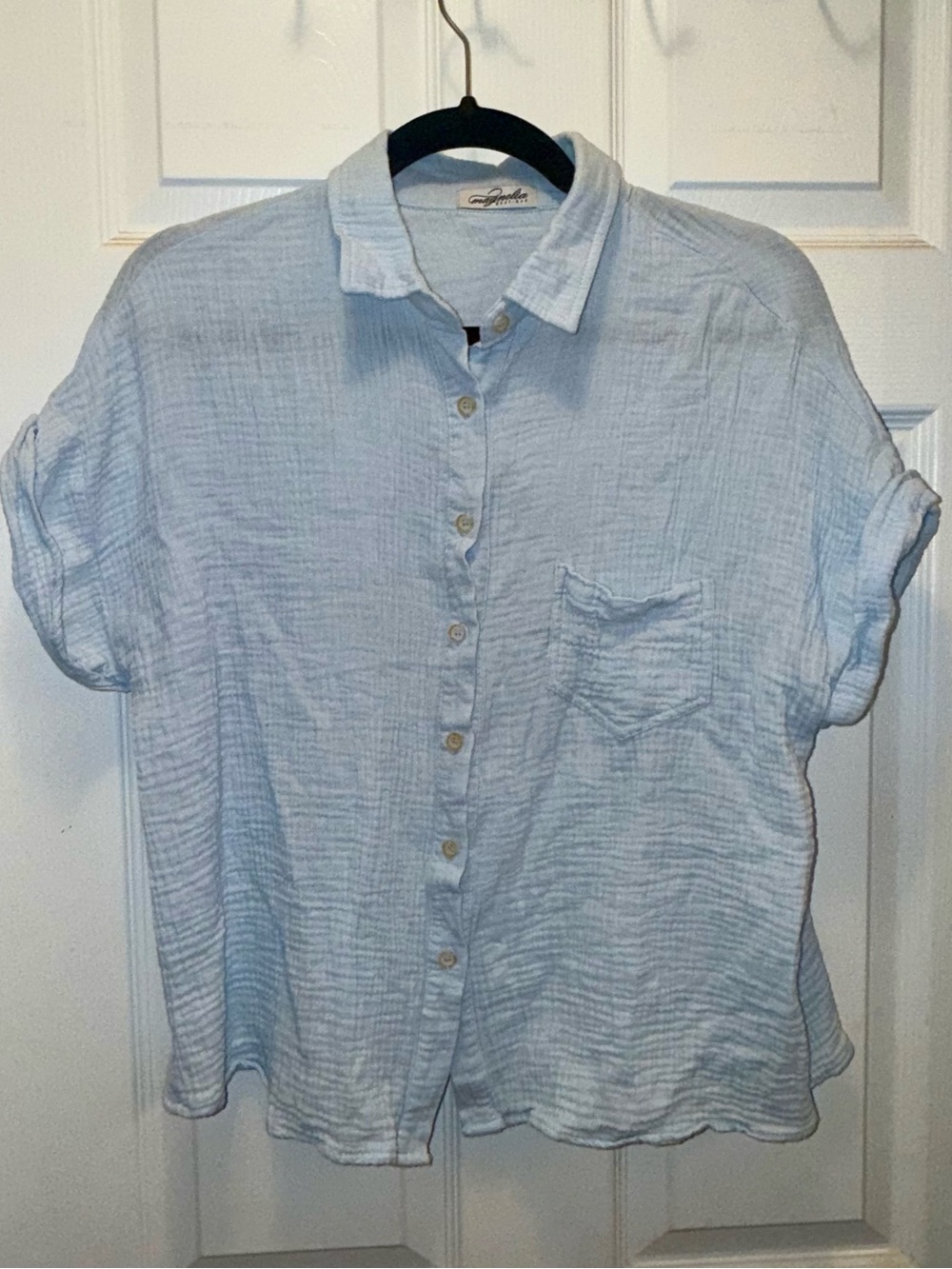 Magnolia Boutique Light Blue Linen-Blend Short Sleeve Button-Up Shirt, sz Large